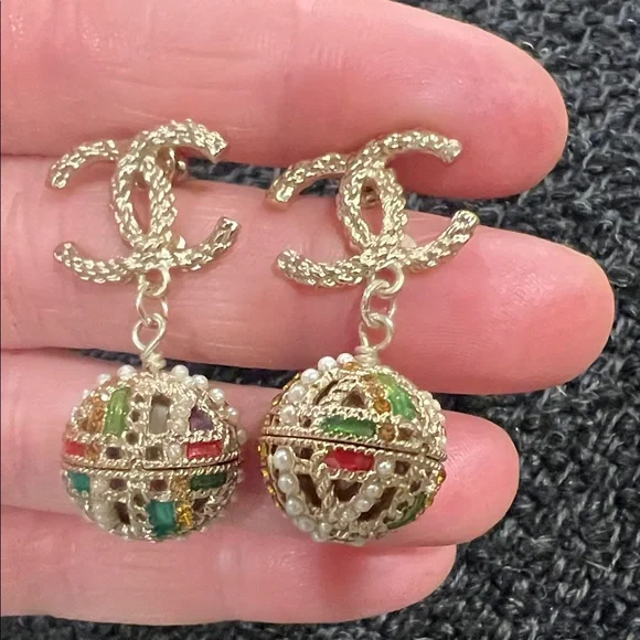 CHANEL Gold-Tone Double C Drop Earrings with Multicolor Enamel and Pearl Accents - Picture 1 of 15
